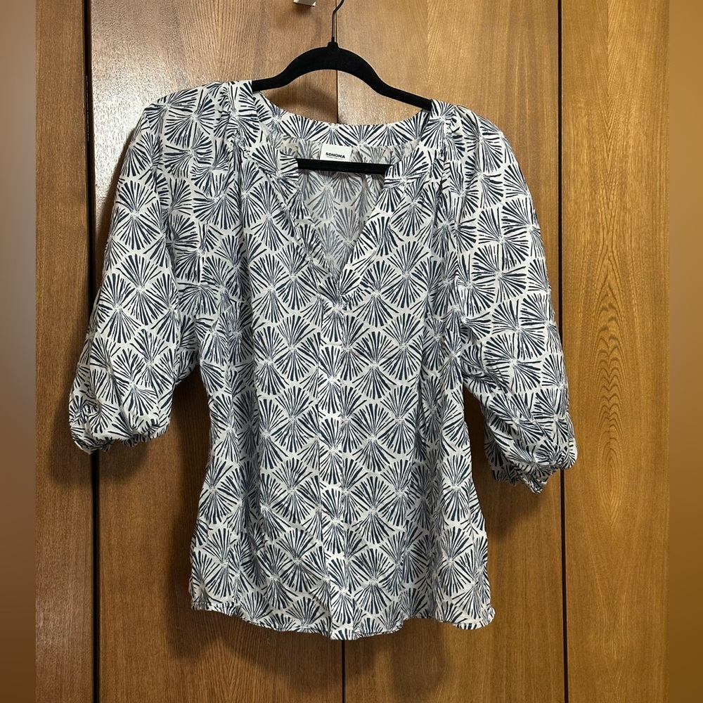 Sonoma Navy & White Printed Puff-Sleeve Blouse